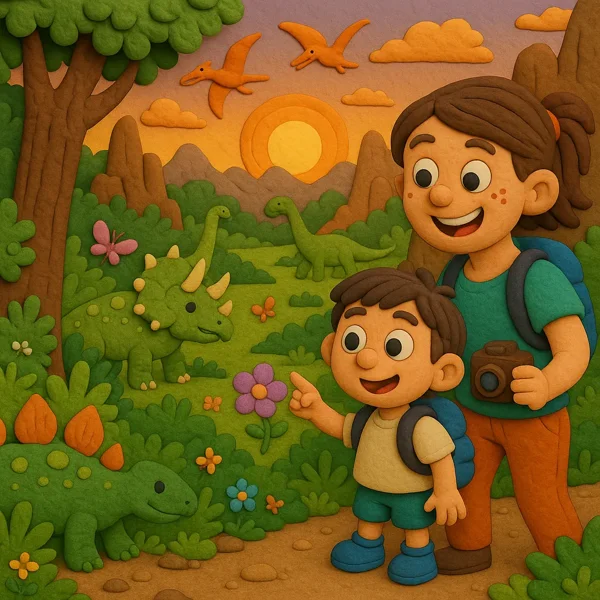 Clay-style children discovering a dinosaur world